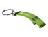 A green bottle opener with a keyring attachment, featuring a logo on the side.