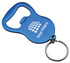 A drink bottle opener keyring in blue, featuring a circular keyring attachment and a logo.