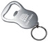 A drink bottle opener in silver, featuring a keyring attachment and a logo.