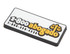 A rectangular magnet featuring white and yellow colours with a design and a logo.