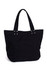 A black tote bag with decorative studs and two sturdy handles, featuring a spacious design.
