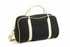 A black bag with cream accents, featuring handles and a shoulder strap, and a logo design.