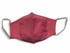 A red face mask made from 100% cotton with grey ear straps and a logo.