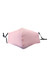 A pink cotton face mask with a middle seam and adjustable toggles, featuring a simple design.