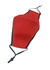 A red one-piece cotton face mask with adjustable toggle and black trim. Includes a logo on the side.