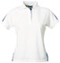 A ladies' polo shirt in white featuring blue accents and a logo.