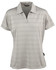 A light grey ladies' polo shirt featuring a striped design and a classic collar. It includes a branding label.