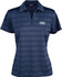 A navy blue ladies' polo shirt with a striped pattern and a logo on the front.