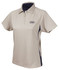 A beige and navy women's polo shirt featuring a logo on the chest and a classic collar design.
