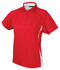 A red polo shirt for ladies with white side panels and a collar, featuring a logo on the chest.