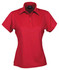 A red ladies' polo shirt with a collar and a button placket, featuring a logo on the chest.