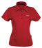 A red ladies' polo shirt featuring a collar, buttons, and a logo on the front.