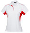 A white polo shirt with red accents, featuring a collar and buttons, and a logo on the chest.