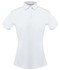 A white ladies' polo shirt with a collar and short sleeves, featuring a small logo on the chest.