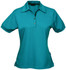 A teal polo shirt for ladies featuring a classic collar and short sleeves, with a logo on the fabric.