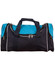 A duffle bag in navy blue and turquoise, featuring a zippered main compartment and carry handles. It has a logo.