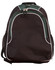 A black and green backpack with white accents and a zipper, featuring side mesh pockets and a logo.