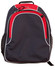 A navy and red backpack featuring a logo and mesh side pockets.