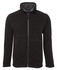 A black fleece jacket featuring a zip front and a soft inner lining, with pockets and a collar.