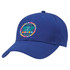 A blue cap featuring a circular logo on the front. It has a curved brim and adjustable strap.