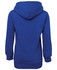 A blue fleecy hoodie featuring a large hood and long sleeves, displaying a logo on the back.
