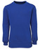 A blue fleecy sweatshirt with long sleeves and a round neckline, featuring a logo.