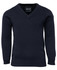 A knitted jumper in navy blue featuring a v-neck design and long sleeves. Includes a brand logo.