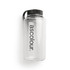 A clear drink bottle with a black lid and a branded logo.