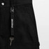 A black keychain features a clip and a metal key, attached to a sturdy strap with a logo.