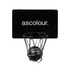 A mini basketball set featuring a black backboard, net, and a black basketball, with a logo on the backboard.
