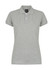 A grey ladies' polo shirt with short sleeves and a collar, featuring three buttons and a logo.