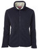 A navy fleece jacket with a full zip and a soft interior lining. Features a collar and a logo.