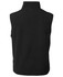 A black polar vest with a high collar, featuring a logo. The back view highlights its sleeveless design.