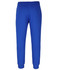 Bright blue track pants with an elastic waistband and cuffed ankles, featuring a logo on the design.