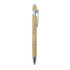 A bamboo pen with a silver clip and tip, featuring a branding logo.