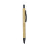 A bamboo pen featuring a black stylus tip and a silver clip, with branding on the body.