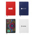 A collection of four A5 notebooks in red, blue, black with a pattern, and white, each featuring a logo.