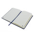 An A5 notebook with a navy blue cover, featuring blank lined pages and a ribbon bookmark. It has a logo on the inside.