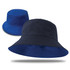 A reversible bucket hat in navy and bright blue, featuring a logo on one side.