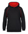 A black hoodie with a red interior and contrasting red stitching, featuring a front pocket and a hood.