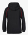 A black hoodie featuring red contrast stitching and a hood, with a logo on the back.