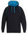 A black hoodie with a contrast blue interior and stitching, featuring a front pocket and a hood.