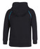 A black hoodie featuring a contrasting blue seam detail and a spacious hood at the back.