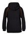 A black hoodie with orange contrast stitching, featuring a hood and long sleeves. It has a logo on the garment.