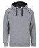 A grey hoodie with a black contrast hood, featuring a front pocket and a logo.