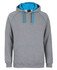 A grey hoodie with a contrasting blue inner hood and piping, featuring a front pocket and a logo.