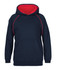 A navy blue hoodie with a red interior and contrasting red stitching, featuring a front pocket and a logo.