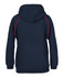 A navy hoodie featuring contrasting red detailing and a hood. It has a logo on the back.
