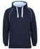 A navy hoodie with light blue accents and a front pocket, featuring a hood and a logo.