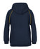 A navy hoodie featuring contrast yellow stitching and a hood. Includes a logo on the front.